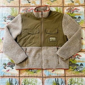 Orvis Fleece Jacket w/ Camo Lining and Orange Trim in Oat - Size Large